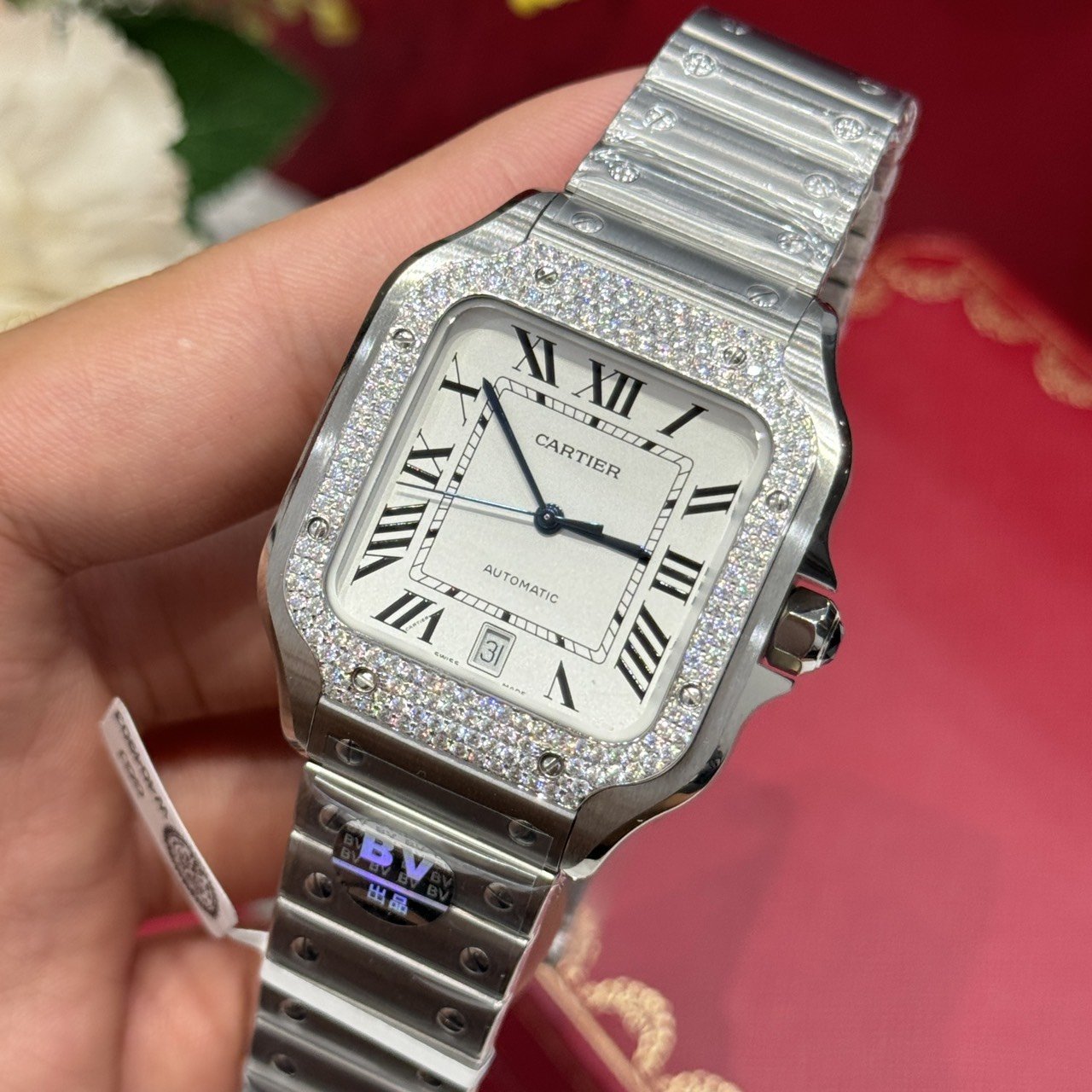 Cartier Santos Large Model White Dial Custom Moissanite Bezel Best Replica BVF 39.8mm - 图片 4