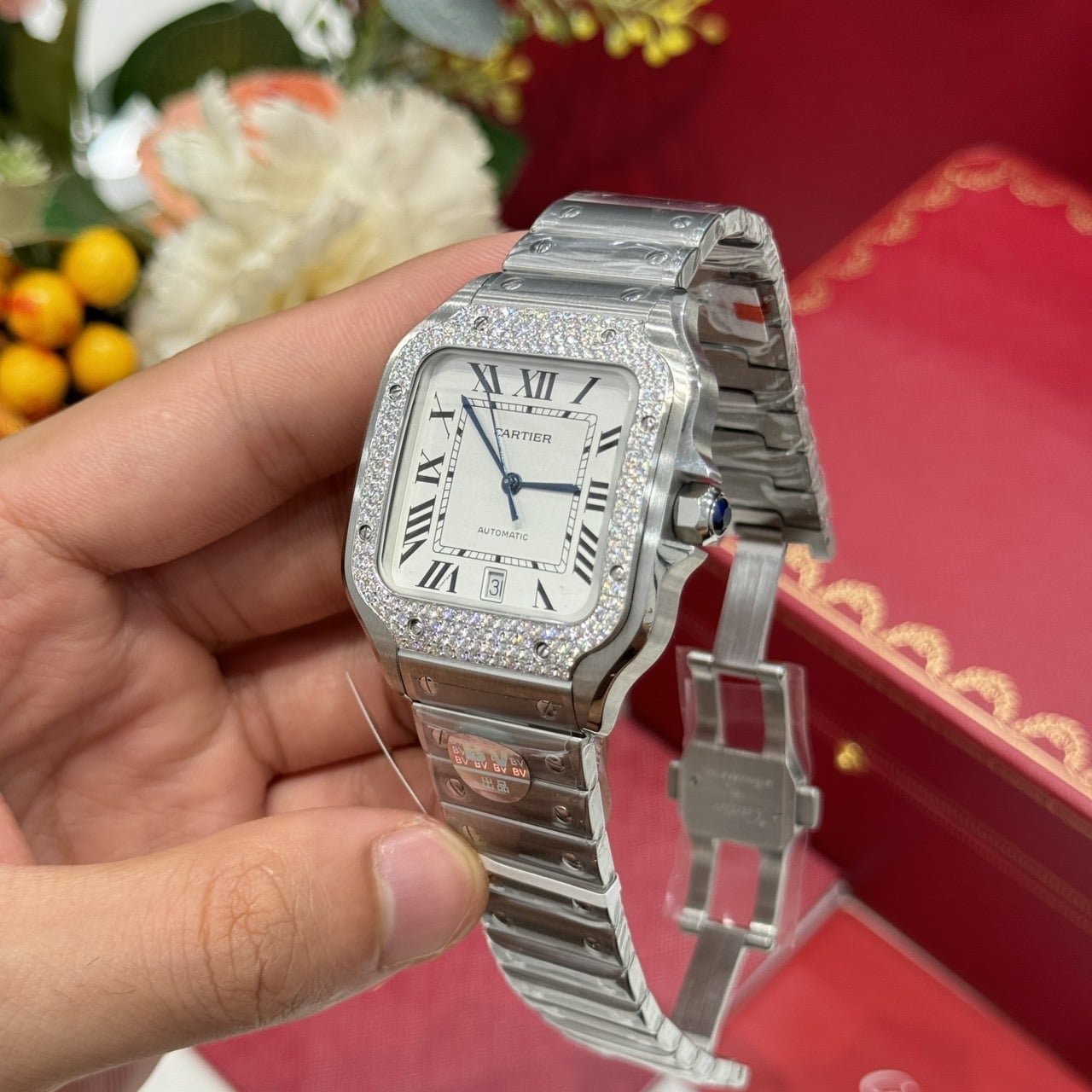Cartier Santos Large Model White Dial Custom Moissanite Bezel Best Replica BVF 39.8mm - 图片 6