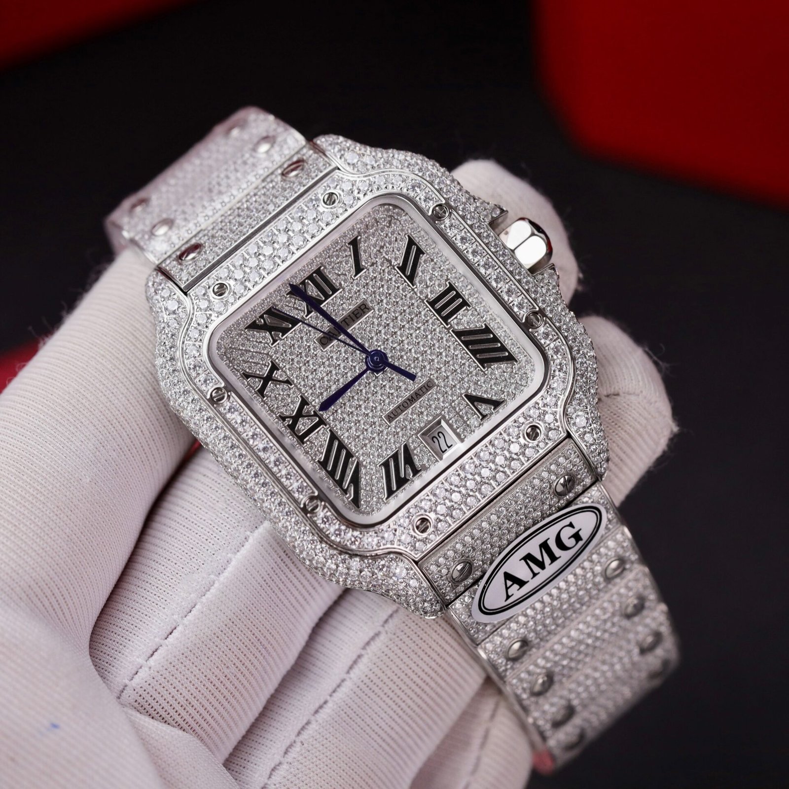 Cartier Santos Steel Large Model Iced Out Swarovski Stones Best Replica 39.8mm - 图片 3