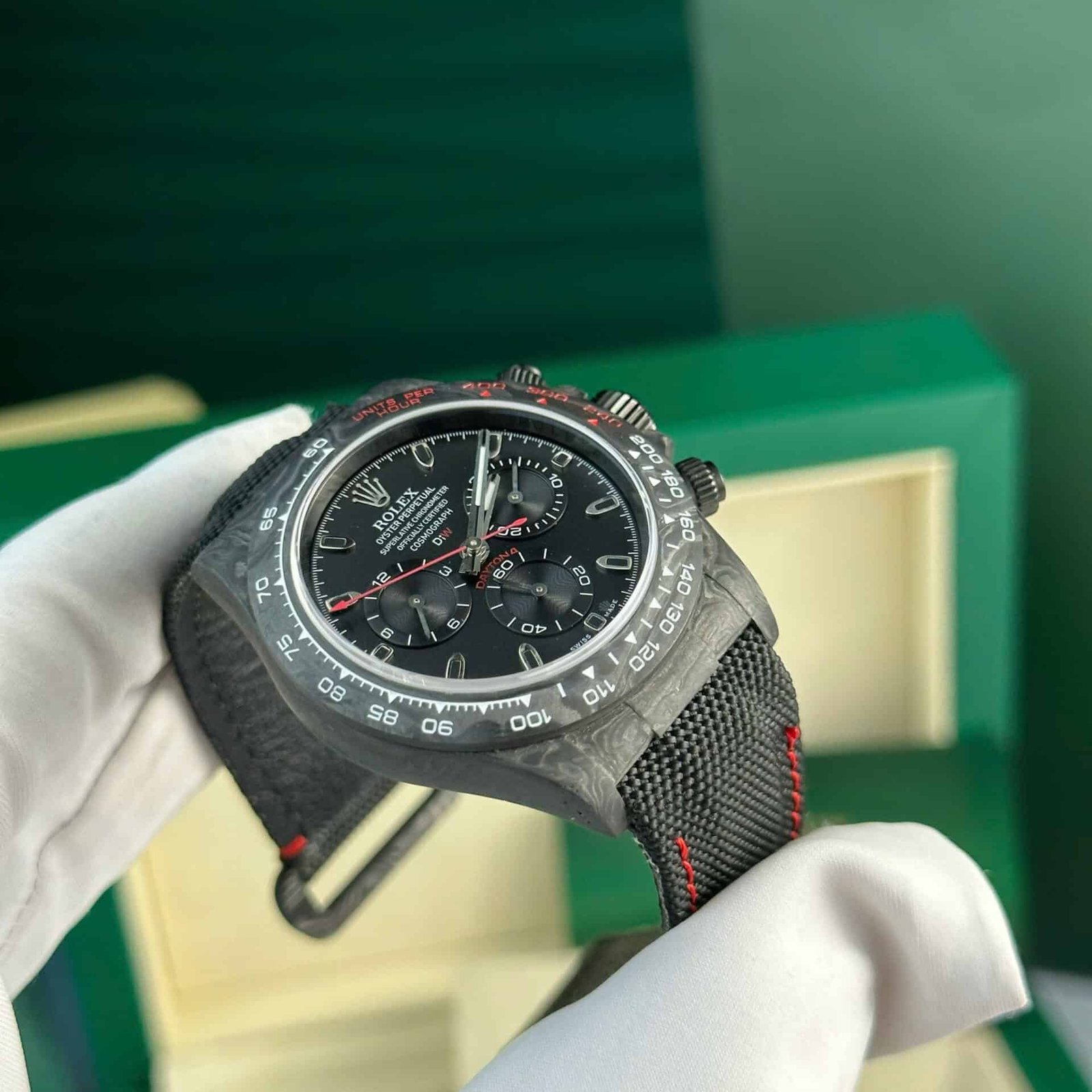 Rolex Daytona DiW Carbon Black Dial Red Stitching Strap Best Edition Noob Factory 40mm - 图片 4