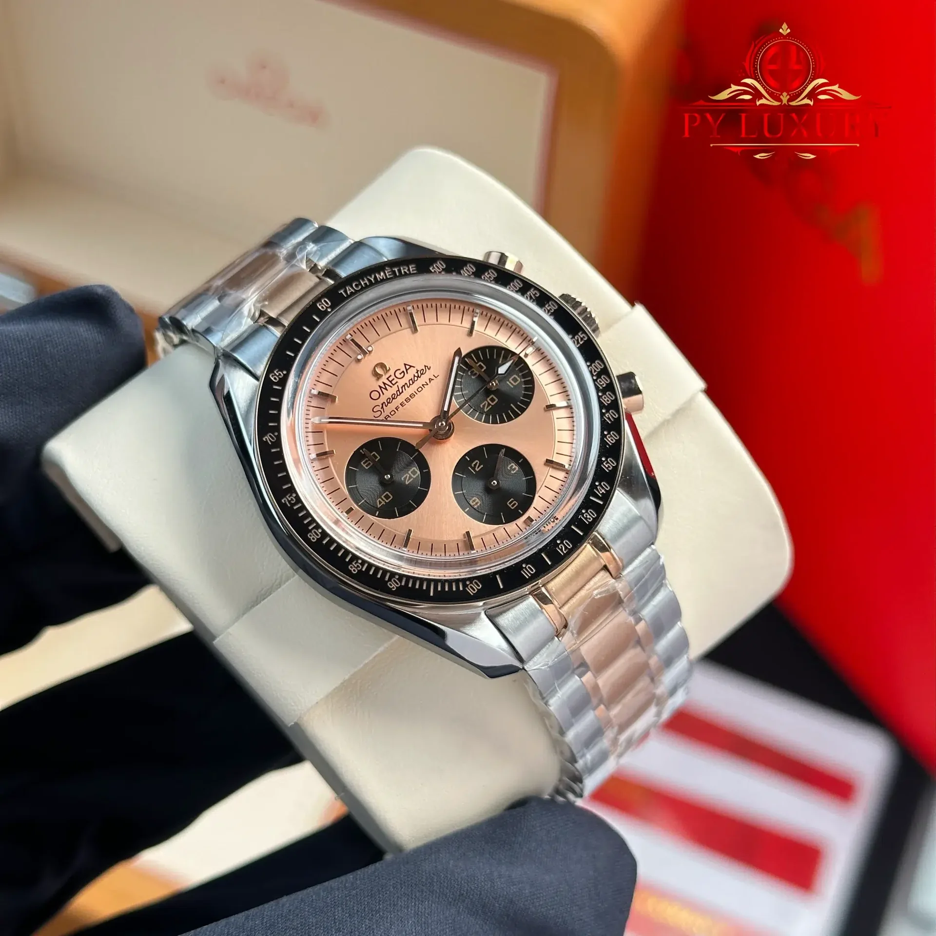 Omega Speedmaster Moonwatch Chronograph Two Tone Rose Gold Pink Dial Swiss Replica 42mm - 图片 2
