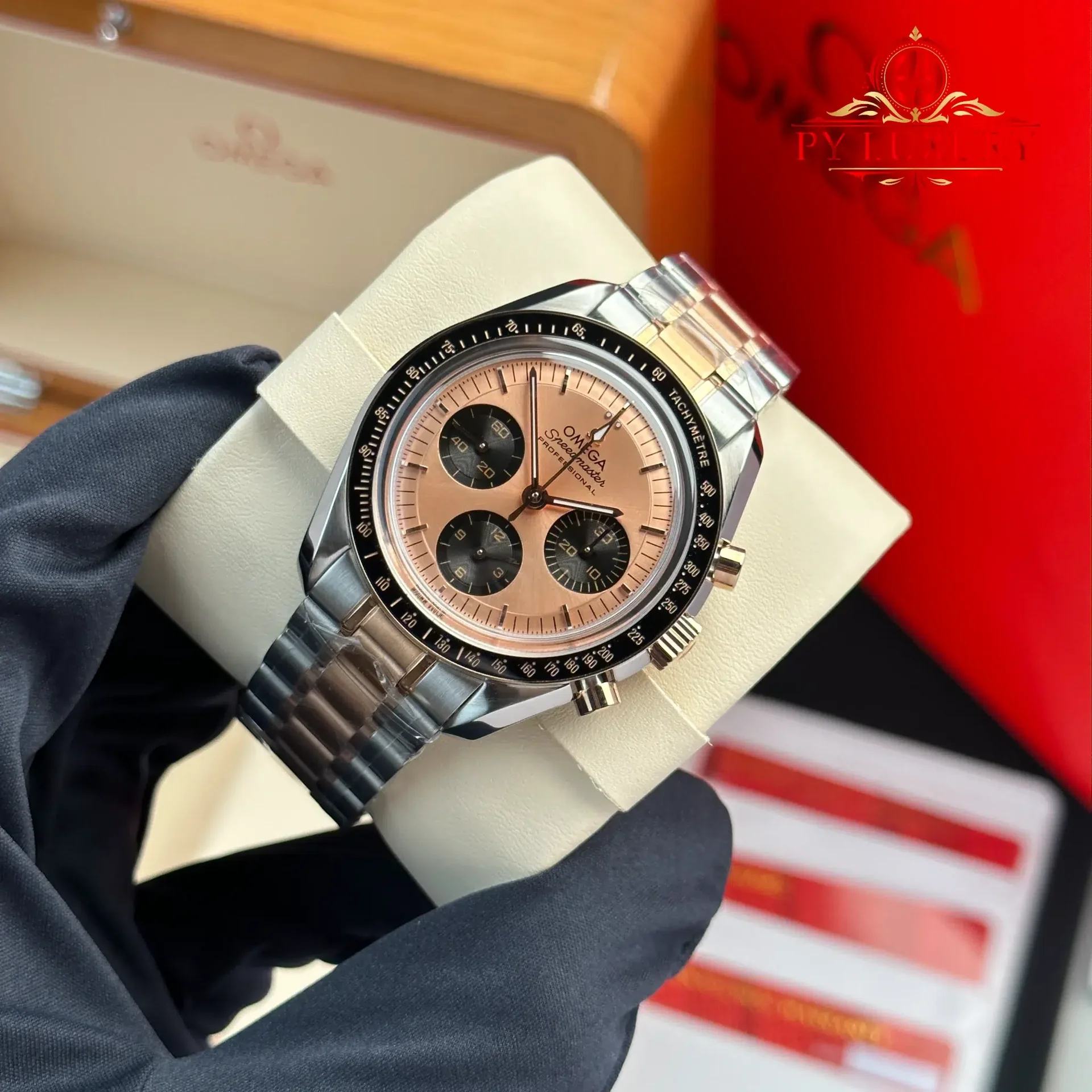 Omega Speedmaster Moonwatch Chronograph Two Tone Rose Gold Pink Dial Swiss Replica 42mm - 图片 3