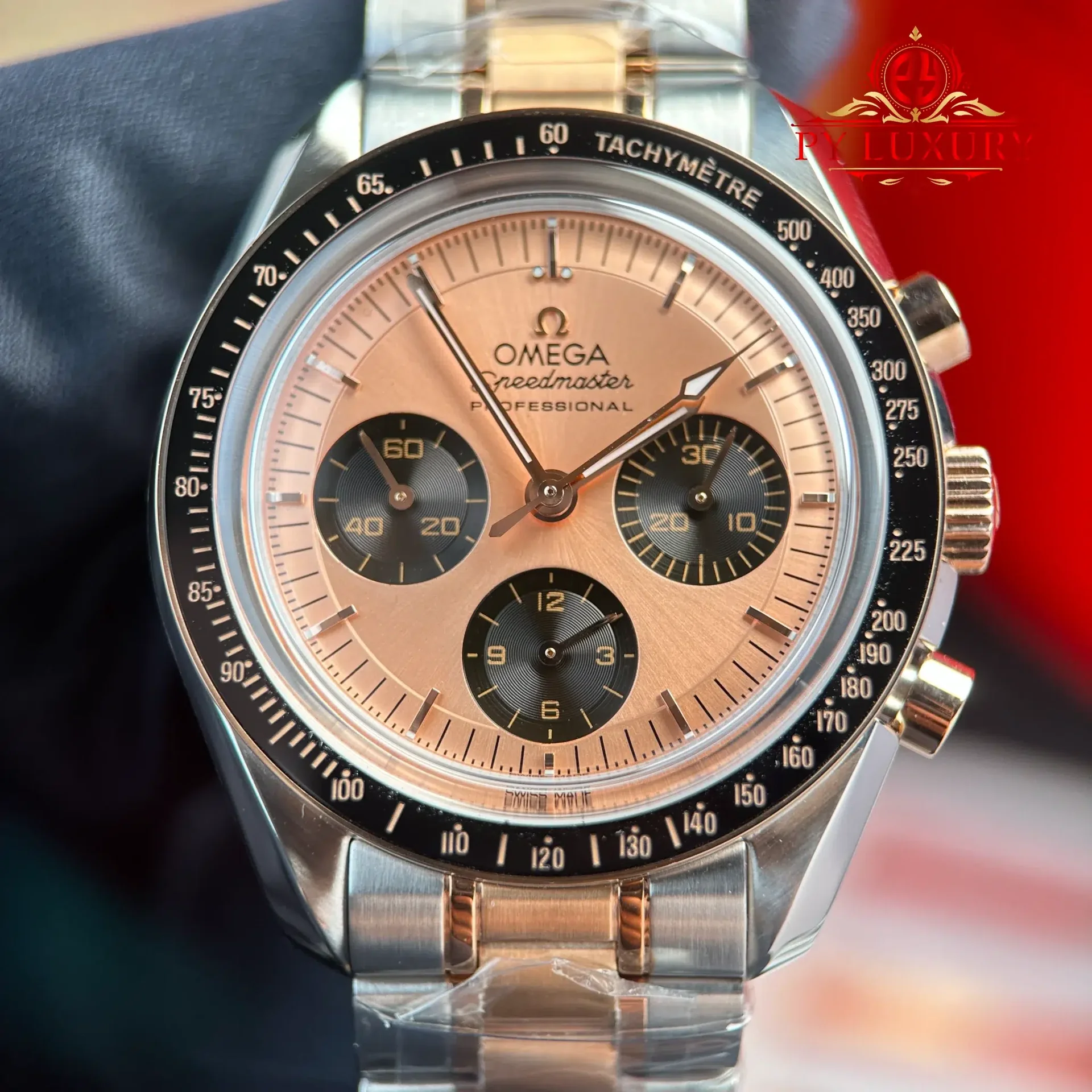 Omega Speedmaster Moonwatch Chronograph Two Tone Rose Gold Pink Dial Swiss Replica 42mm - 图片 4