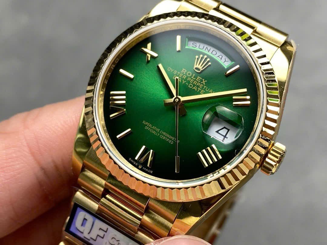 Rolex Day-Date 128238-0118 Yellow Gold Green Ombré Roman Dial 158g Best Replica QF 36mm - 图片 3