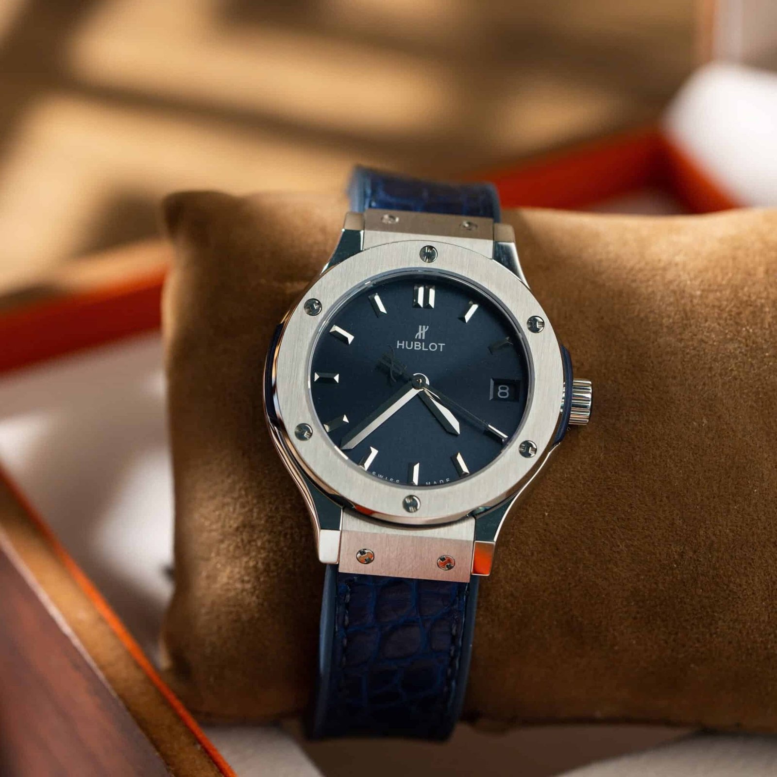 Hublot Classic Fusion Titanium Navy Blue Dial Leather Lady Watch Replica 33mm