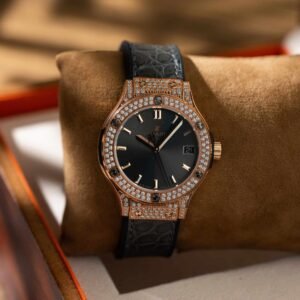 Hublot Classic Fusion King Gold Pavé CZ Stones Grey Dial Leather Strap Lady Watch Replica 33mm