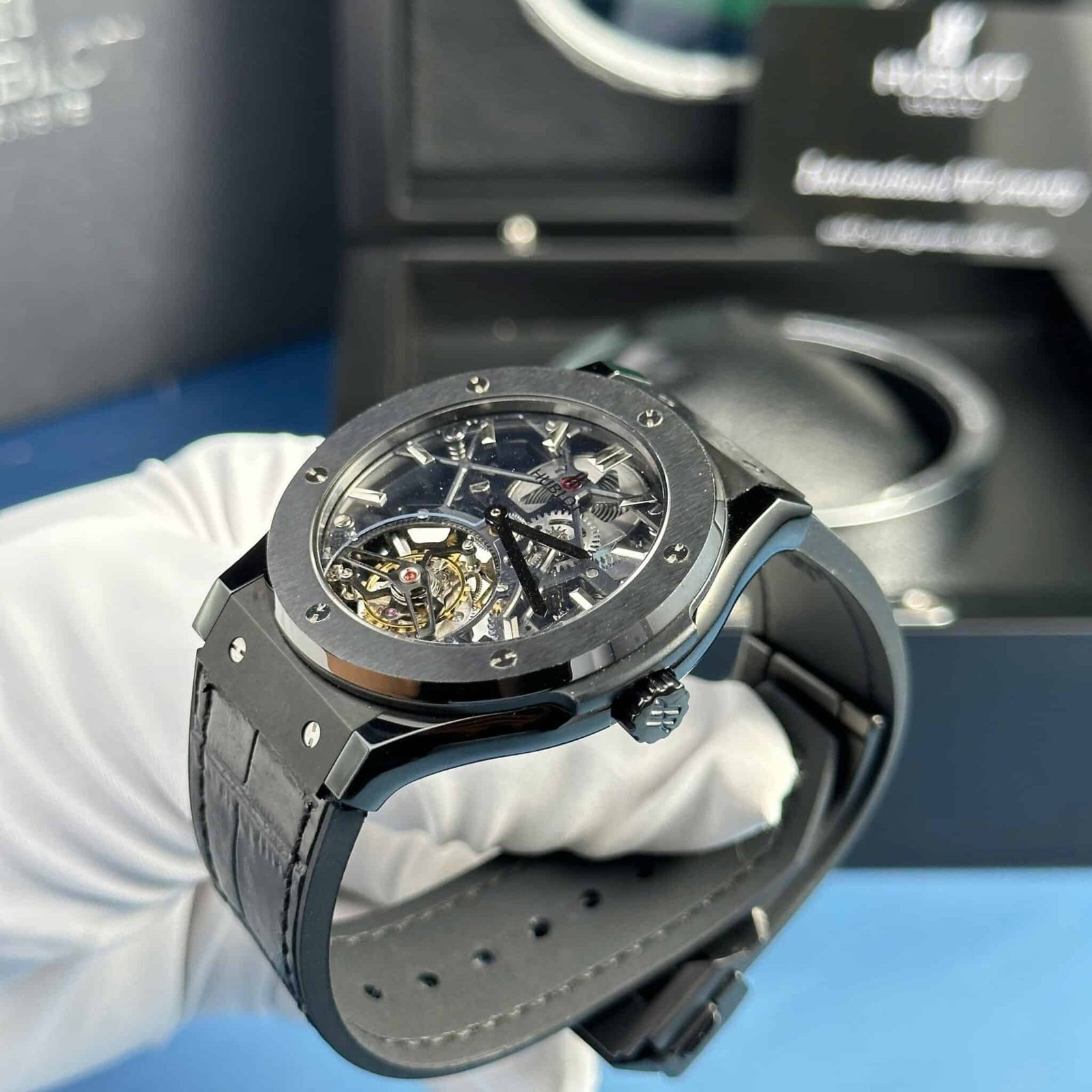 Hublot Big Bang Skeleton Tourbillon Black Ceramic Leather Replica 45mm - 图片 3
