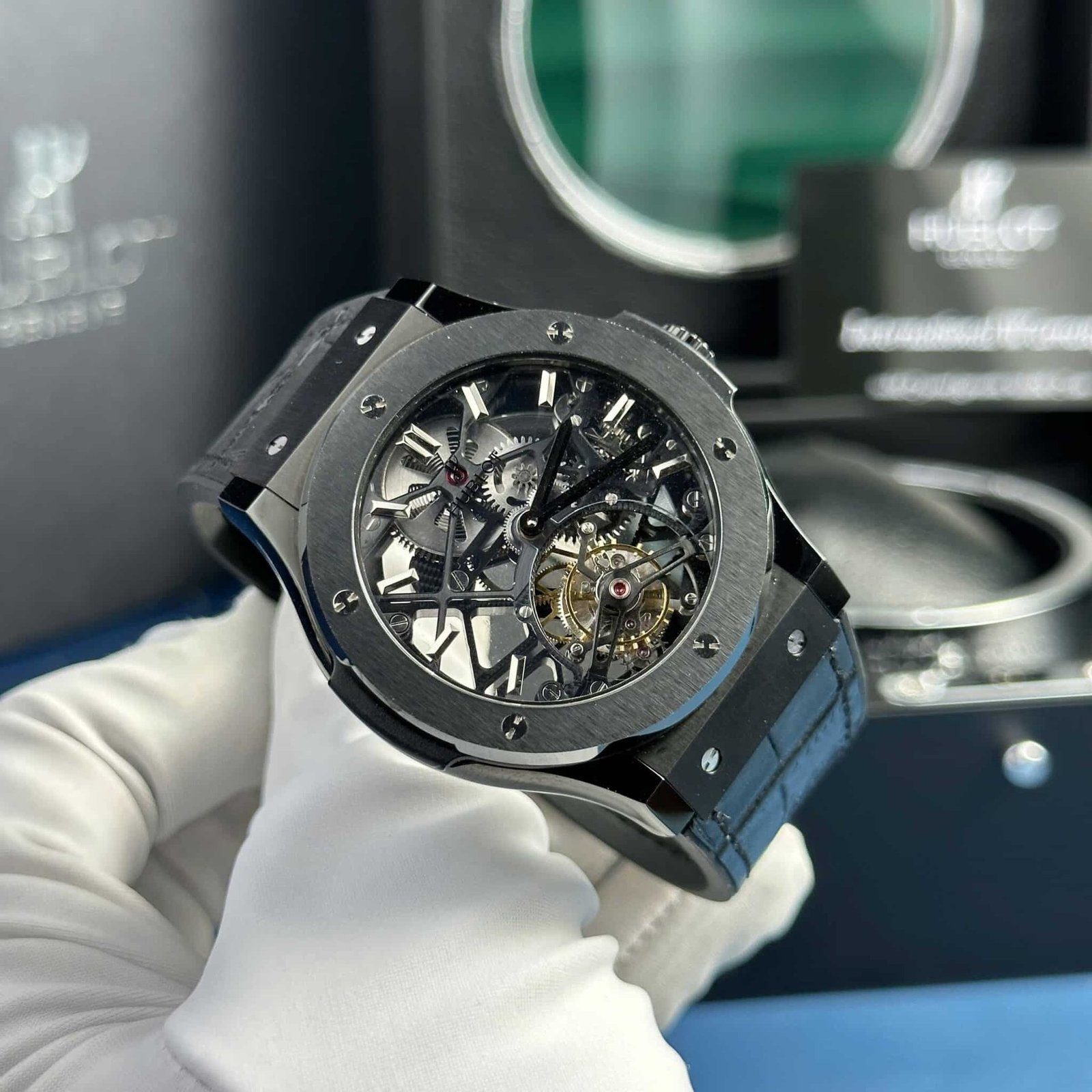 Hublot Big Bang Skeleton Tourbillon Black Ceramic Leather Replica 45mm - 图片 4