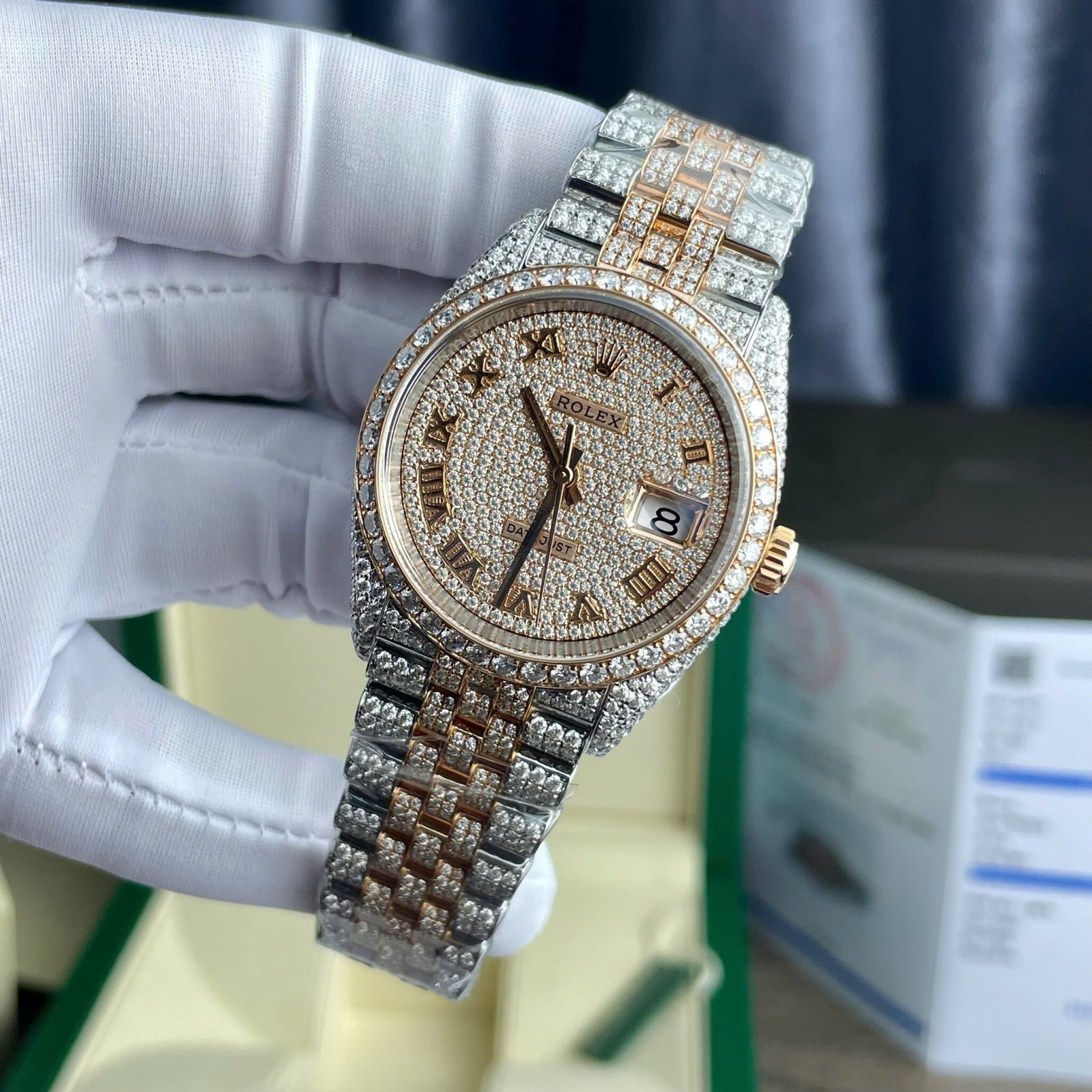 Rolex Datejust Two Tone 18K Gold Wrapped Roman Dial Iced Out Moissanite Best Replica 36mm - 图片 3