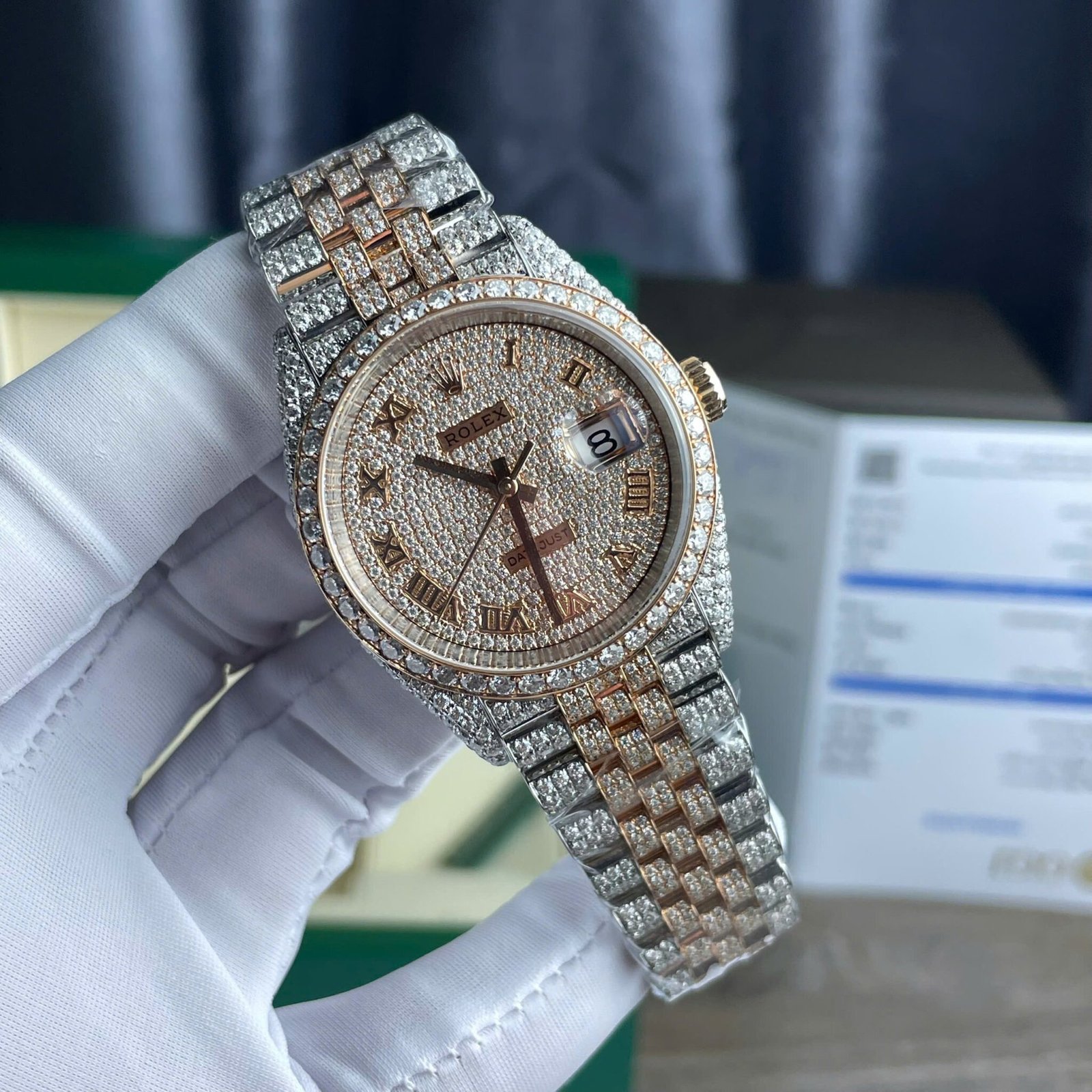 Rolex Datejust Two Tone 18K Gold Wrapped Roman Dial Iced Out Moissanite Best Replica 36mm - 图片 4