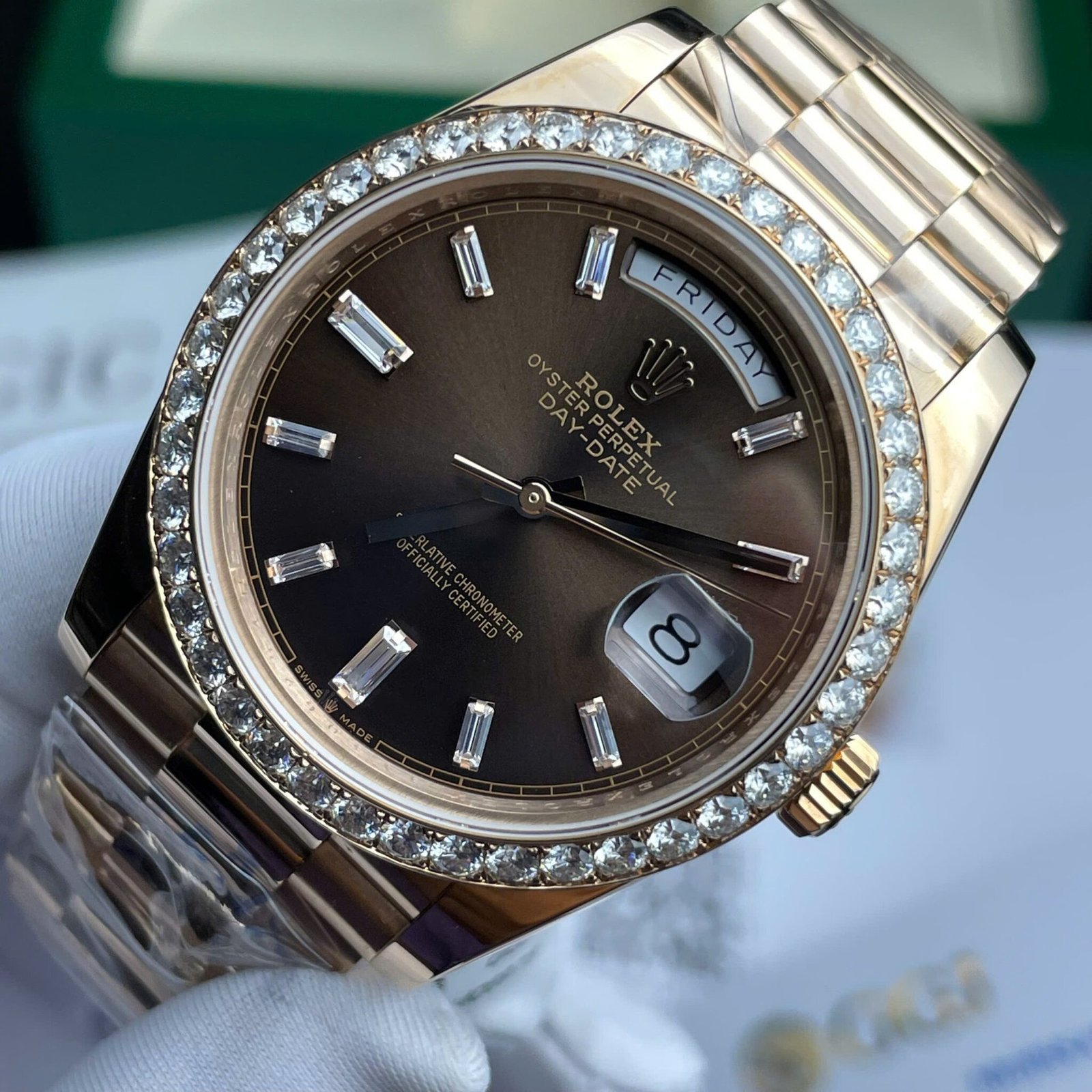 Rolex Day-Date 228345RBR Chocolate Baguette Dial 18K Gold Wrapped Moissanite Bezel 174g GMF V3 40mm - 图片 4