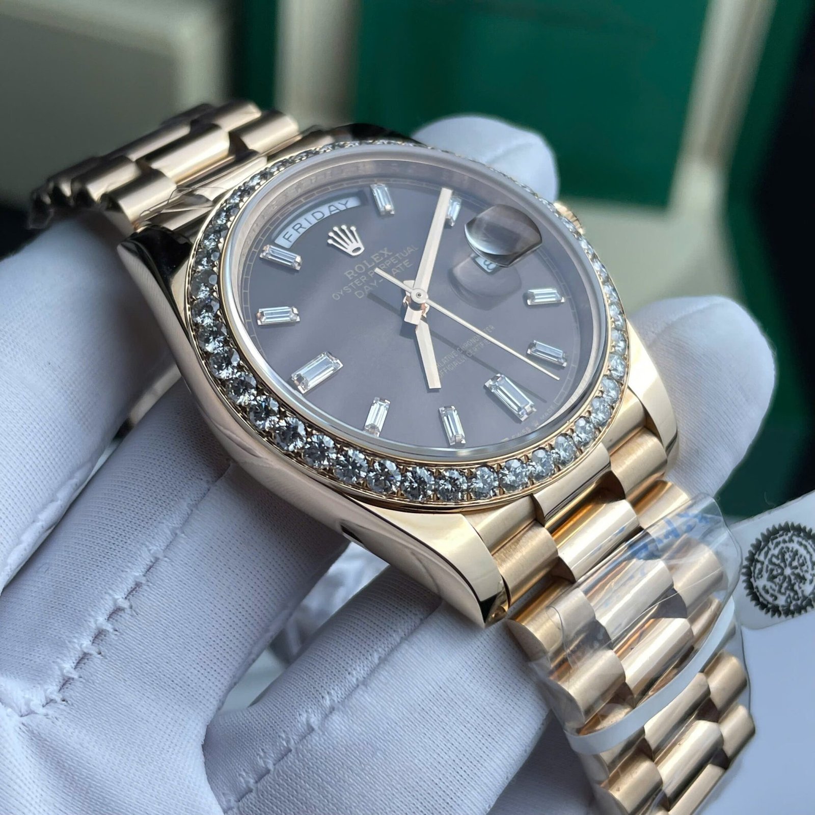 Rolex Day-Date 228345RBR Chocolate Baguette Dial 18K Gold Wrapped Moissanite Bezel 174g GMF V3 40mm - 图片 5