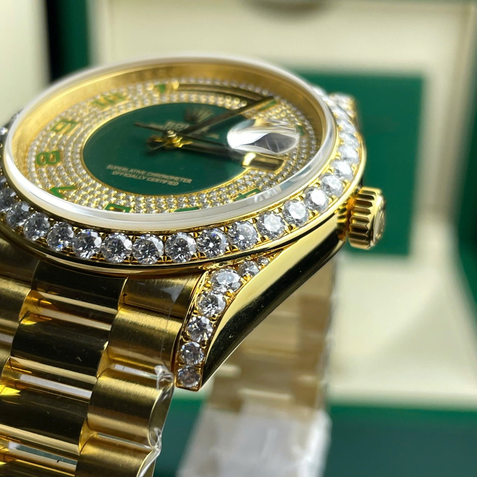 Rolex Day-Date 40 Green Diamond Paved Arabic Dial 18K Gold Wrapped Custom Moissanite Dial & Dial Best Replica 40mm - 图片 5