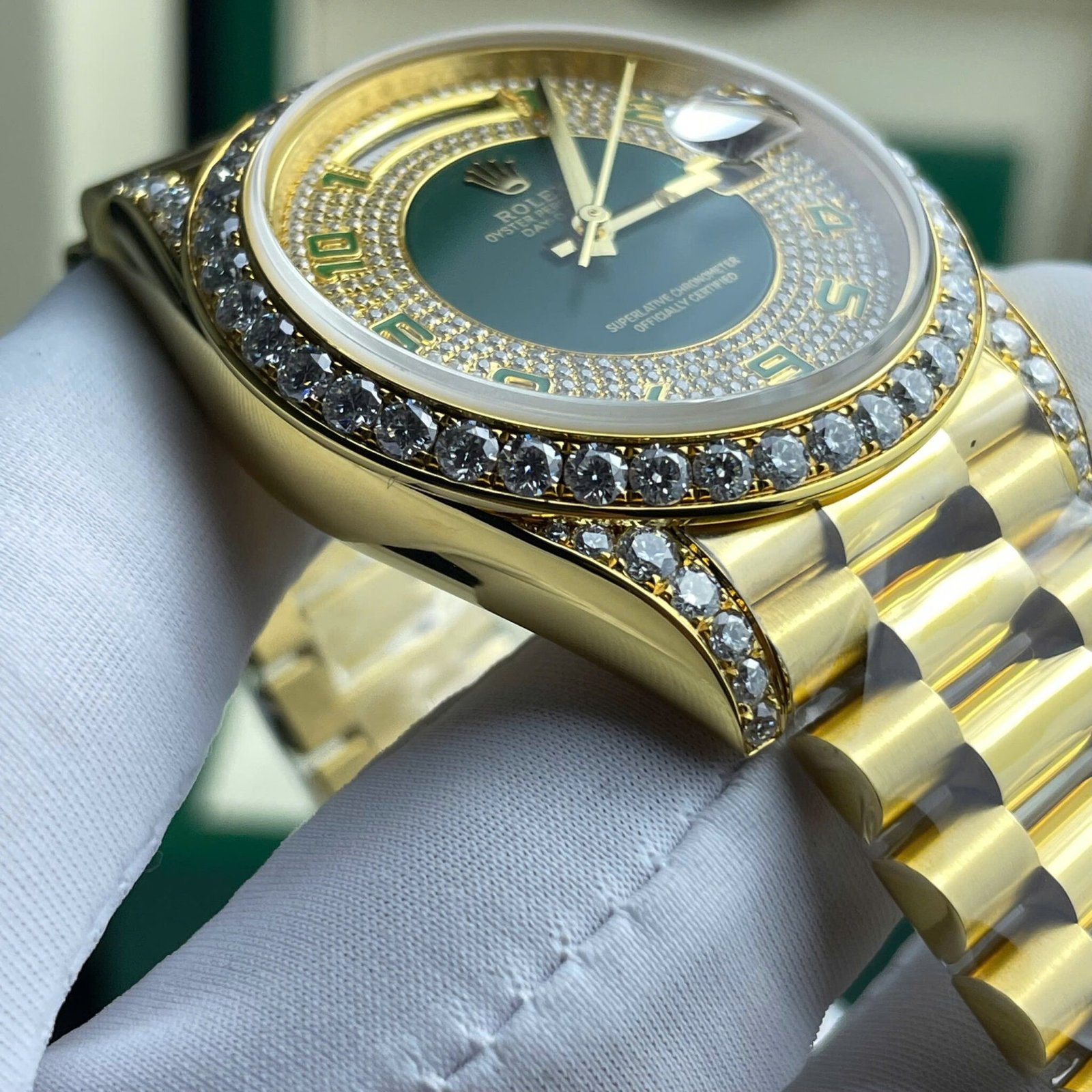 Rolex Day-Date 40 Green Diamond Paved Arabic Dial 18K Gold Wrapped Custom Moissanite Dial & Dial Best Replica 40mm - 图片 6