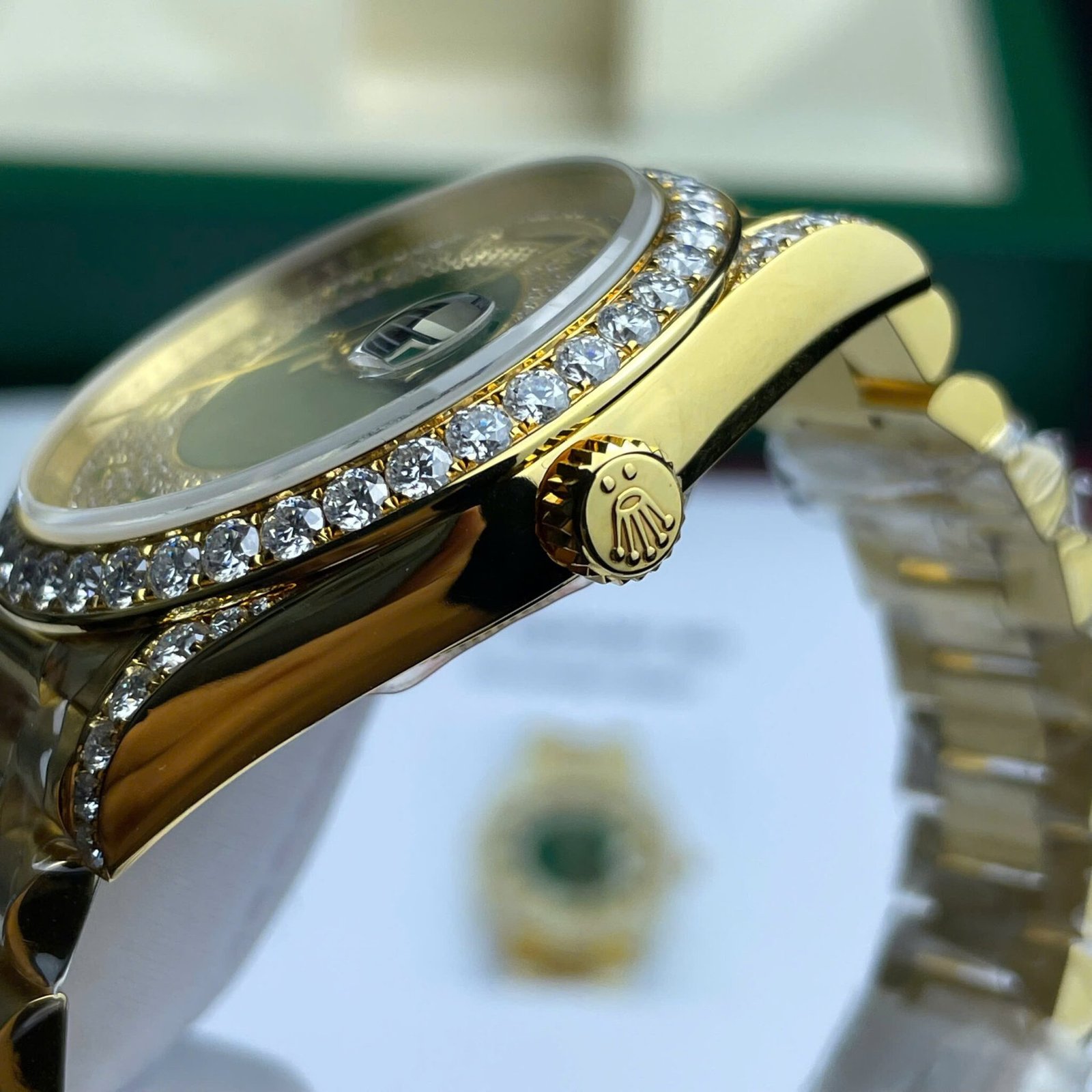 Rolex Day-Date 40 Green Diamond Paved Arabic Dial 18K Gold Wrapped Custom Moissanite Dial & Dial Best Replica 40mm - 图片 7