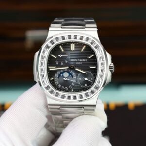 Patek Philippe Nautilus 5712 Blue Dial Baguette Stone Bezel Bracelet Full Functions PPF Best Replica 40mm