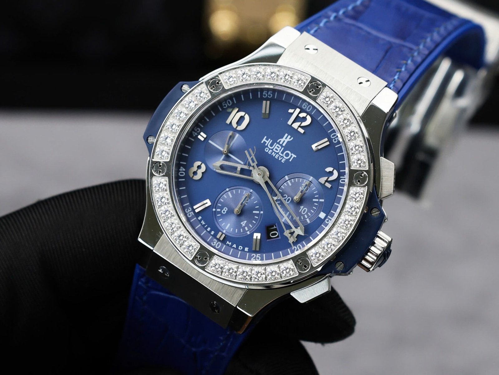 Hublot Big Bang Chronograph Steel Blue Custom Moissanite Bezel Replica 41mm - 图片 5