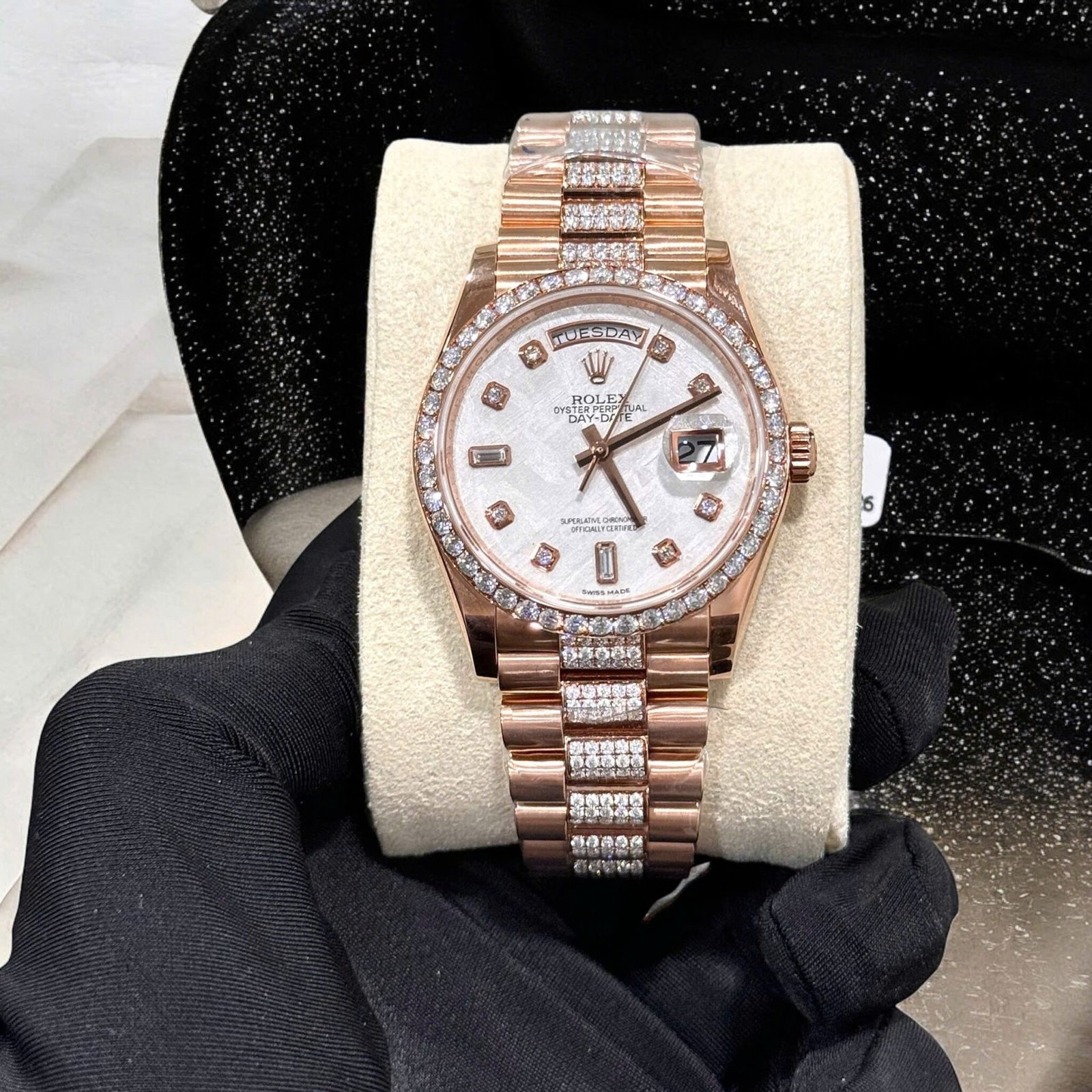 Rolex Day-Date 36 Meteorite Dial 18K Rose Gold Wrapped Custom Moissanite Dial & Moissanite Bracelet Best Replica 36mm - 图片 2