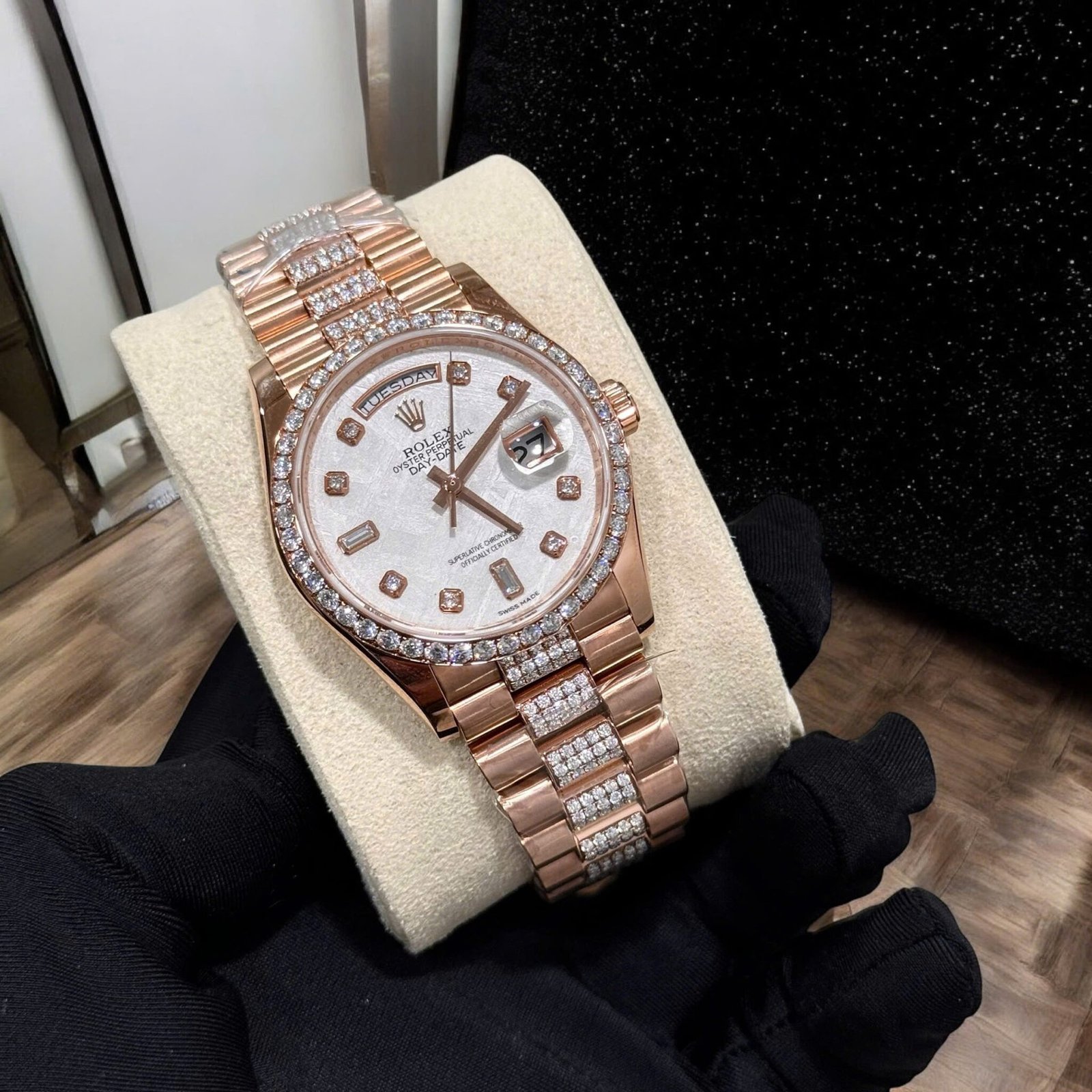 Rolex Day-Date 36 Meteorite Dial 18K Rose Gold Wrapped Custom Moissanite Dial & Moissanite Bracelet Best Replica 36mm - 图片 3