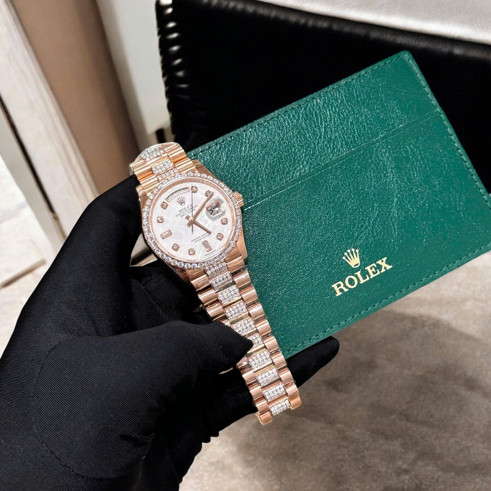 Rolex Day-Date 36 Meteorite Dial 18K Rose Gold Wrapped Custom Moissanite Dial & Moissanite Bracelet Best Replica 36mm - 图片 6