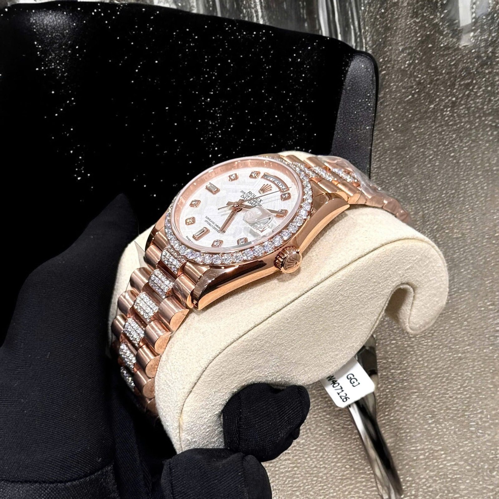 Rolex Day-Date 36 Meteorite Dial 18K Rose Gold Wrapped Custom Moissanite Dial & Moissanite Bracelet Best Replica 36mm - 图片 7