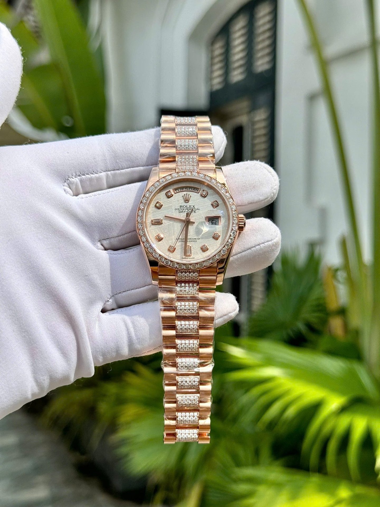 Rolex Day-Date 36 Meteorite Dial 18K Rose Gold Wrapped Custom Moissanite Dial & Moissanite Bracelet Best Replica 36mm - 图片 9