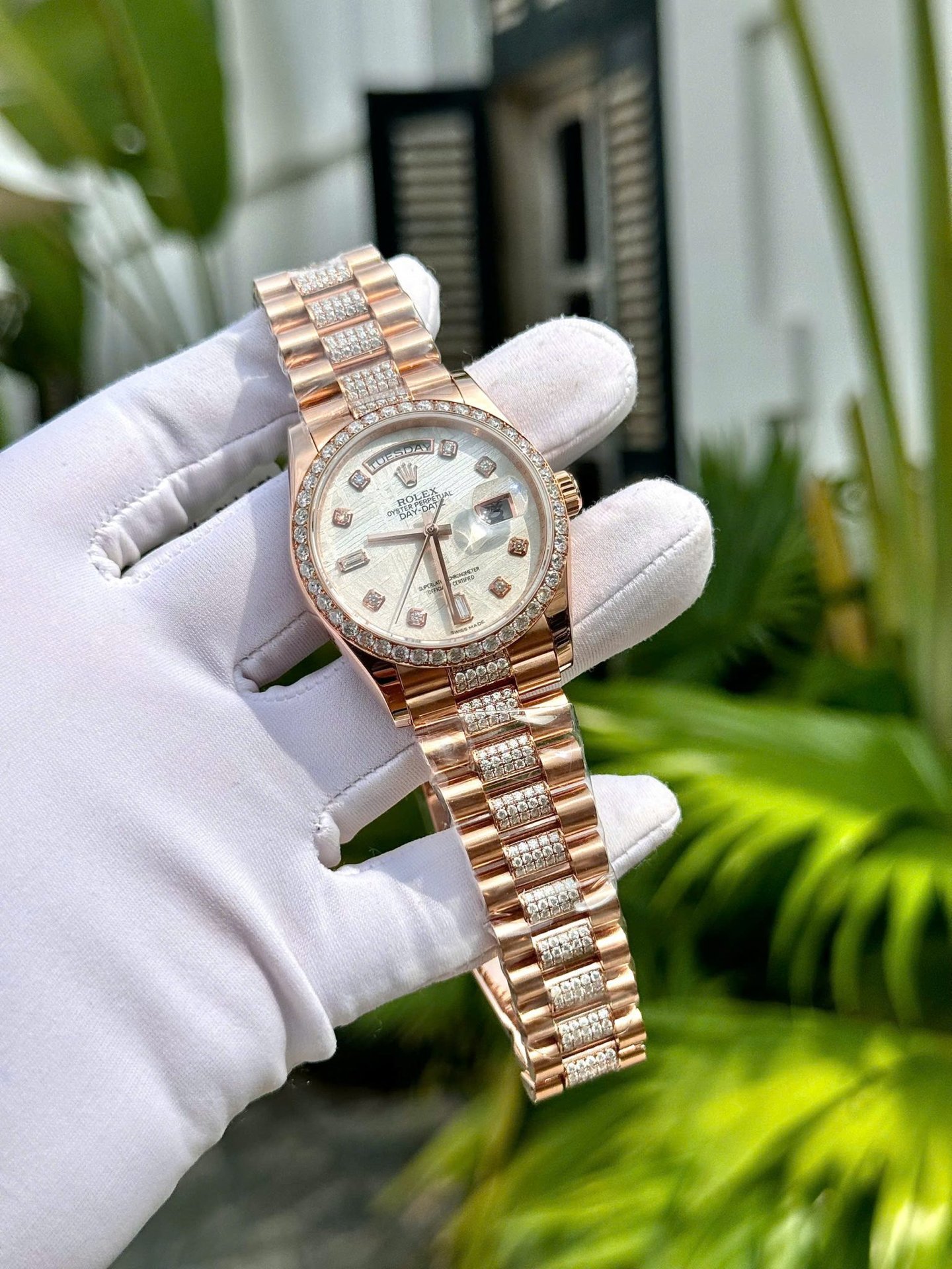 Rolex Day-Date 36 Meteorite Dial 18K Rose Gold Wrapped Custom Moissanite Dial & Moissanite Bracelet Best Replica 36mm - 图片 10