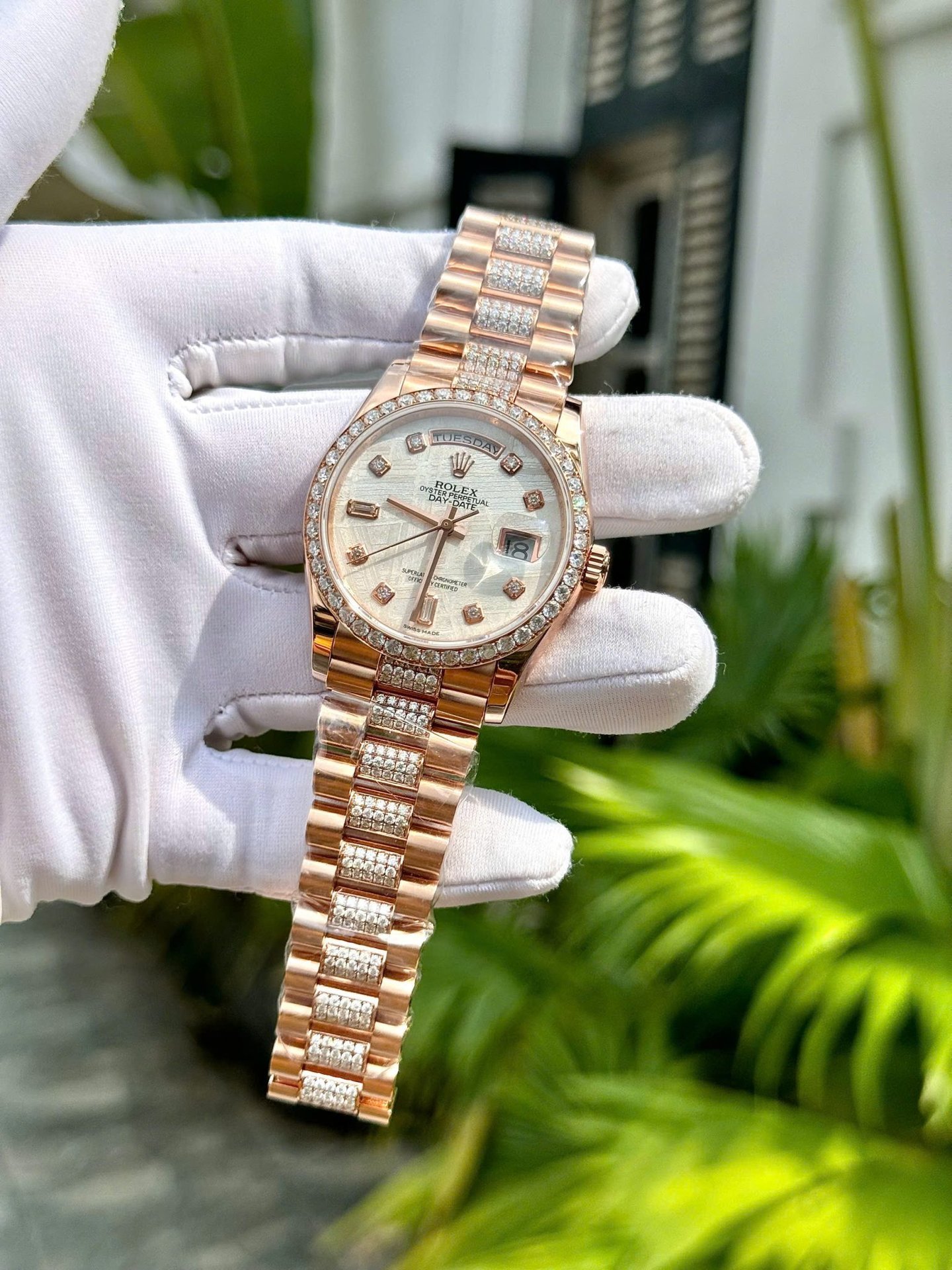 Rolex Day-Date 36 Meteorite Dial 18K Rose Gold Wrapped Custom Moissanite Dial & Moissanite Bracelet Best Replica 36mm - 图片 11