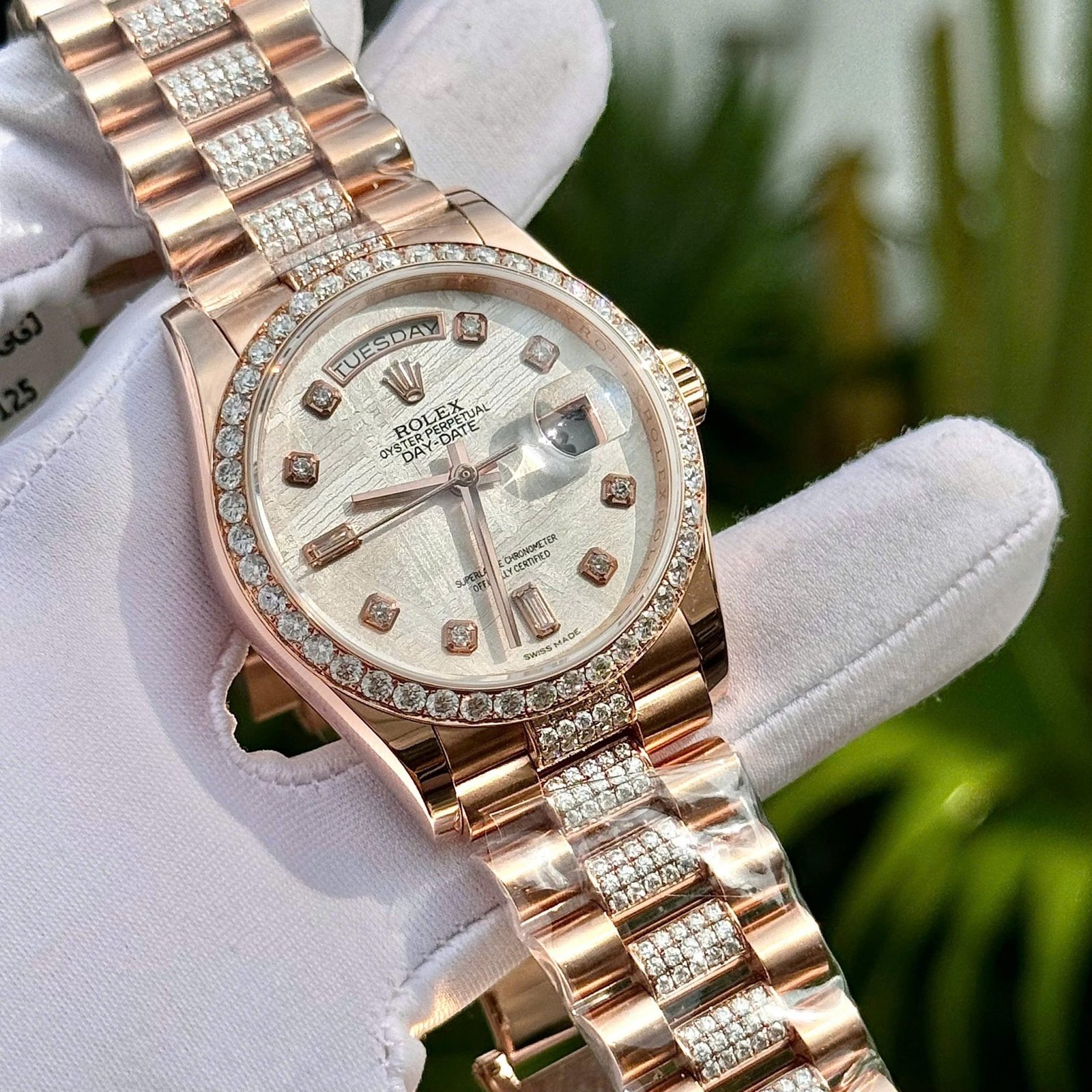 Rolex Day-Date 36 Meteorite Dial 18K Rose Gold Wrapped Custom Moissanite Dial & Moissanite Bracelet Best Replica 36mm - 图片 12
