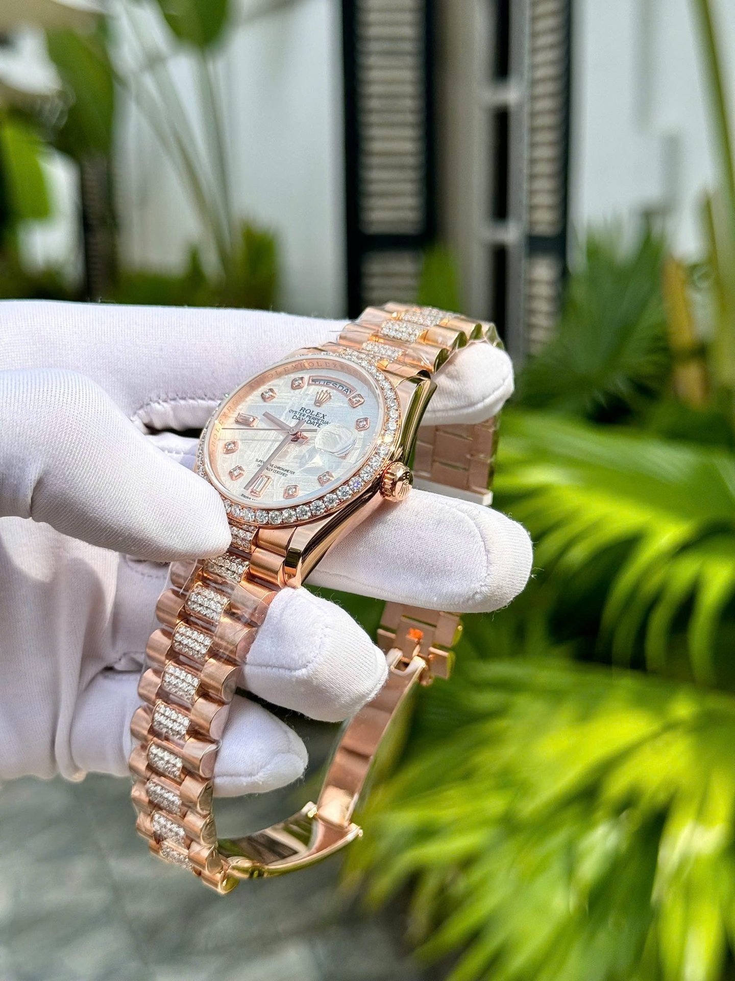 Rolex Day-Date 36 Meteorite Dial 18K Rose Gold Wrapped Custom Moissanite Dial & Moissanite Bracelet Best Replica 36mm - 图片 13